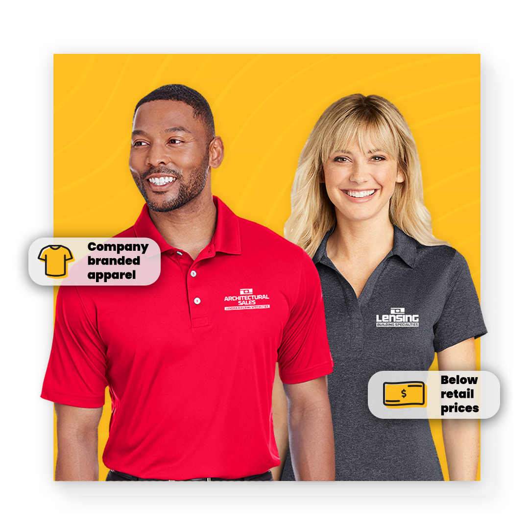 two young people wearing polo shirts with company logos on the chest